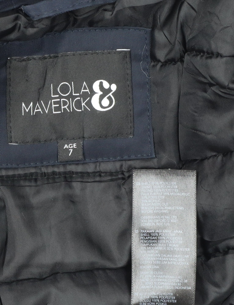 Close-up detail of Lola & Maverick girls’ blue hooded parka coat, size 7, years
