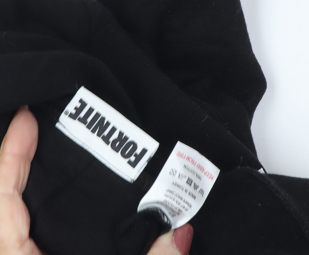 Close-up detail of Fortnite boys’ black xs hoodie pullover with logo