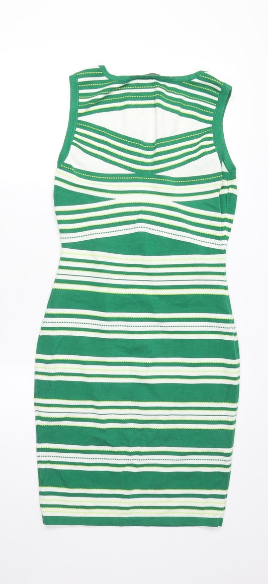 Karen Millen Women's Green Striped Bodycon Dress Size 2