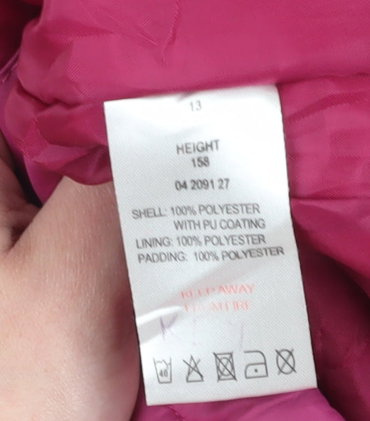 Brand and care label for Peter Storm girls’' pink hooded puffer jacket, size 13-14