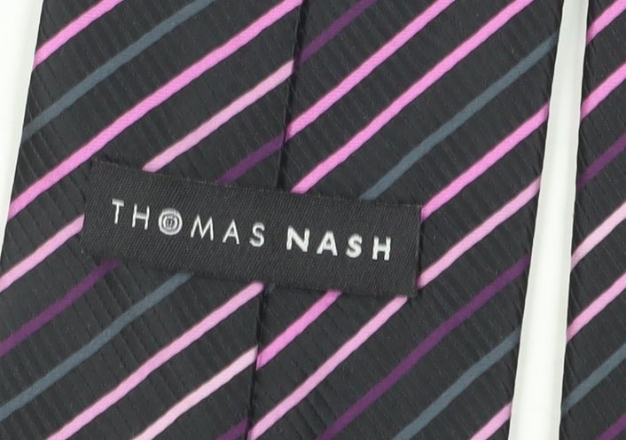 Brand and care label for Thomas Nash Men's Black Striped Tie