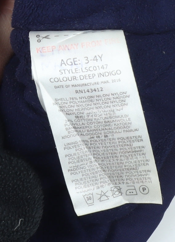 Brand and care label for Lyle & Scott boys’ blue hooded mid-length jacket 3-4 years