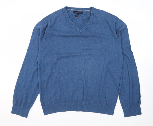 Tommy Hilfiger Men's Blue 2XL Cotton Cashmere V-Neck Jumper