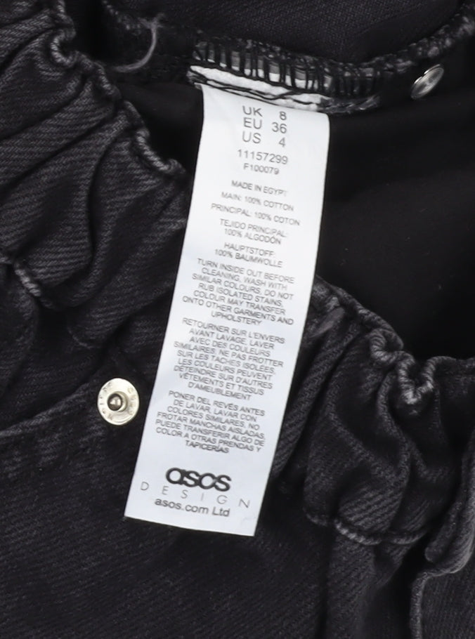 Close-up detail of Asos Design Women's Black Mom Denim Shorts, size 8