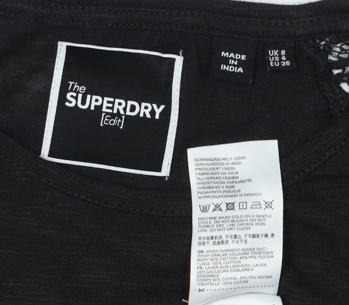 Superdry Women's Black Crochet T-Shirt, Size 8