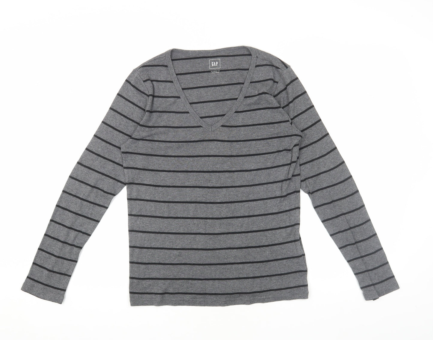GAP Women's Grey Striped Long Sleeve T-Shirt L