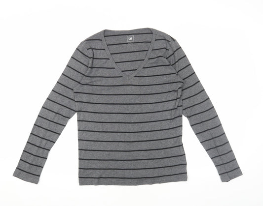 GAP Women's Grey Striped Long Sleeve T-Shirt L