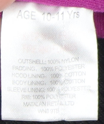 Brand and care label for Hooch girls’ black bomber jacket, hooded, age 10-11 years