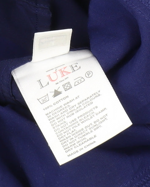 Brand and care label for Luke Men's Slim Fit Blue Button-Up Shirt, size S