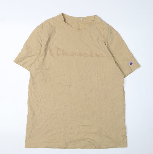 Champion Men's Beige Medium Logo T-Shirt, Crew Neck