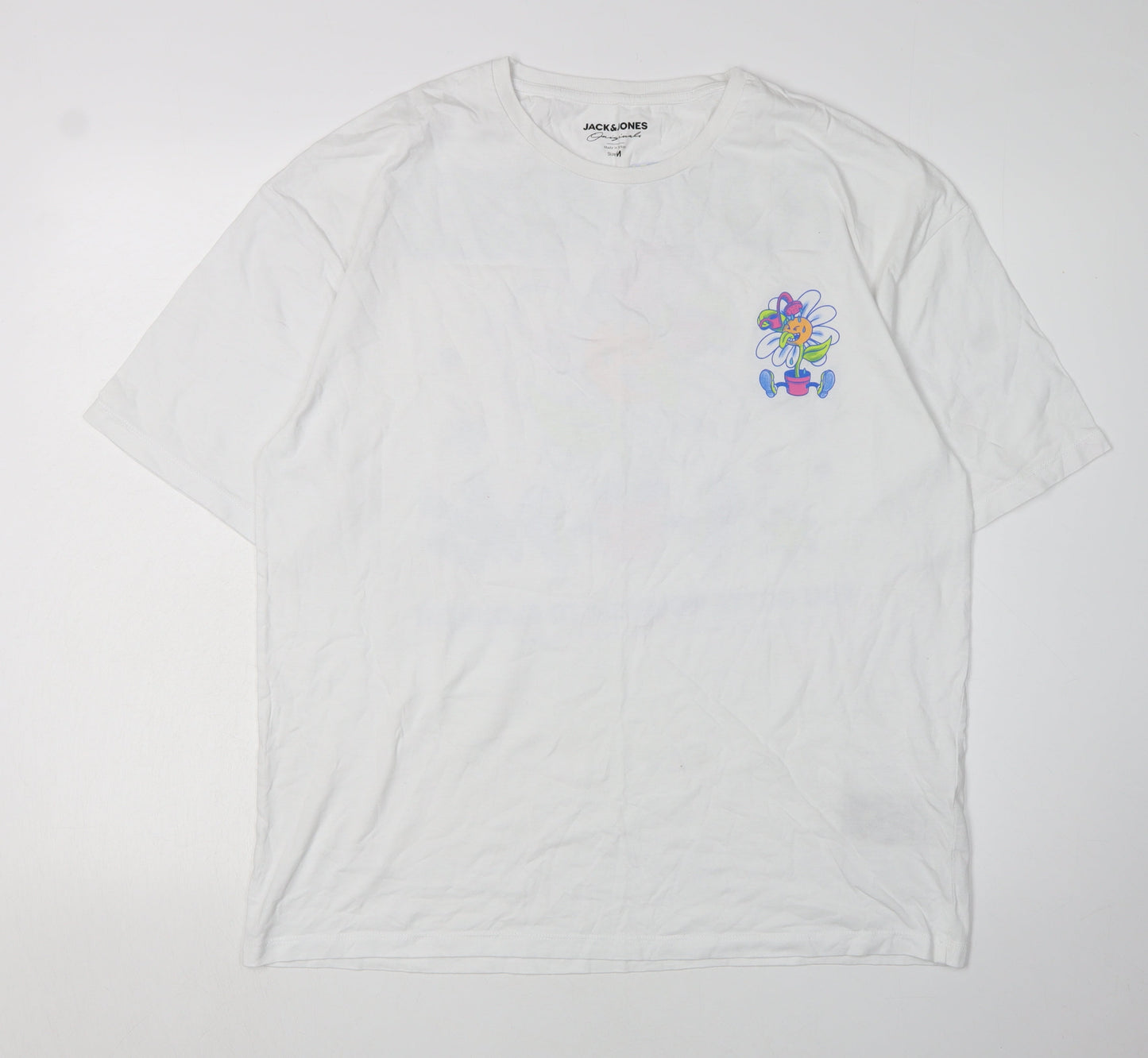 Jack & Jones Men's White Cotton Flower Graphic T-Shirt Medium