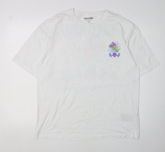 Jack & Jones Men's White Cotton Flower Graphic T-Shirt Medium
