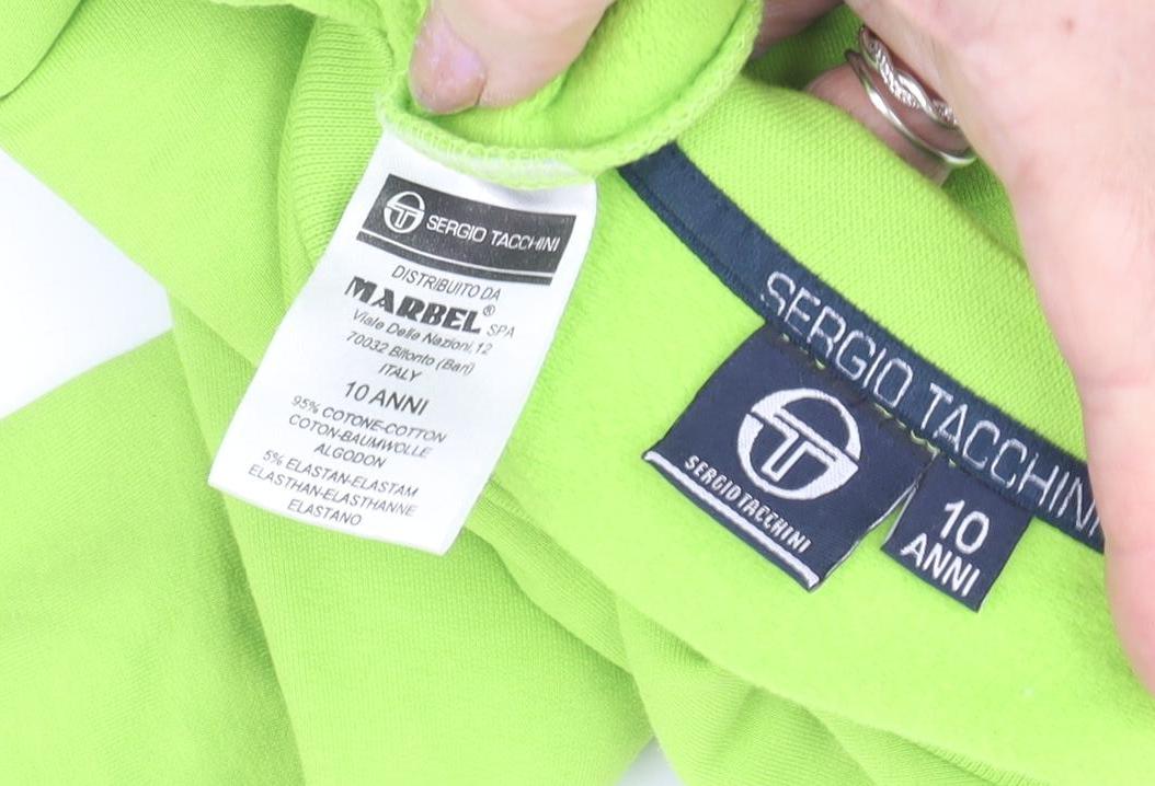 Close-up detail of Sergio Tacchini boys’ green logo pullover sweatshirt, size 10