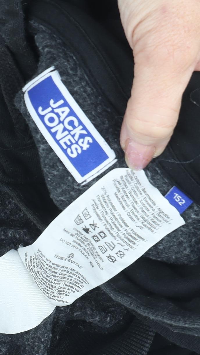 Close-up detail of Jack & Jones boys’ black hoodie, size 12, pullover style