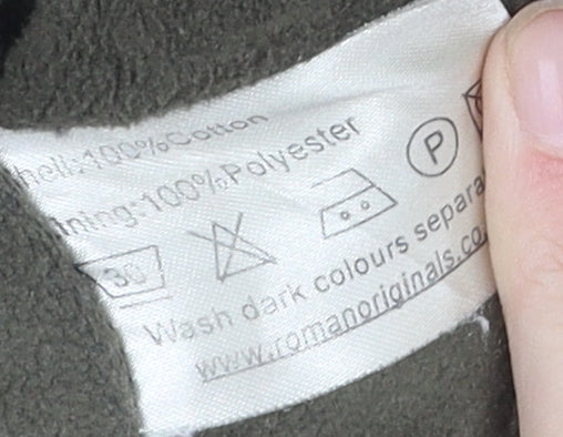 Brand and care label for Roman Originals Women's Green Parka Coat, size S