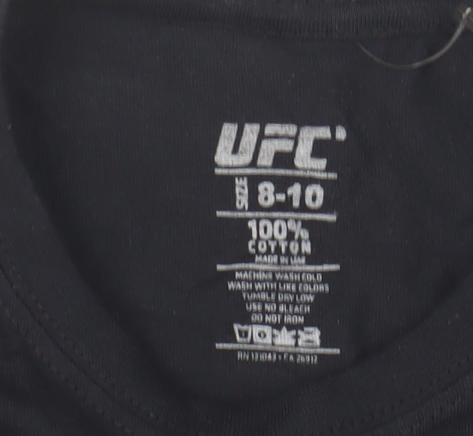 Close-up detail of UFC boys’ black graphic t-shirt 8-10 years