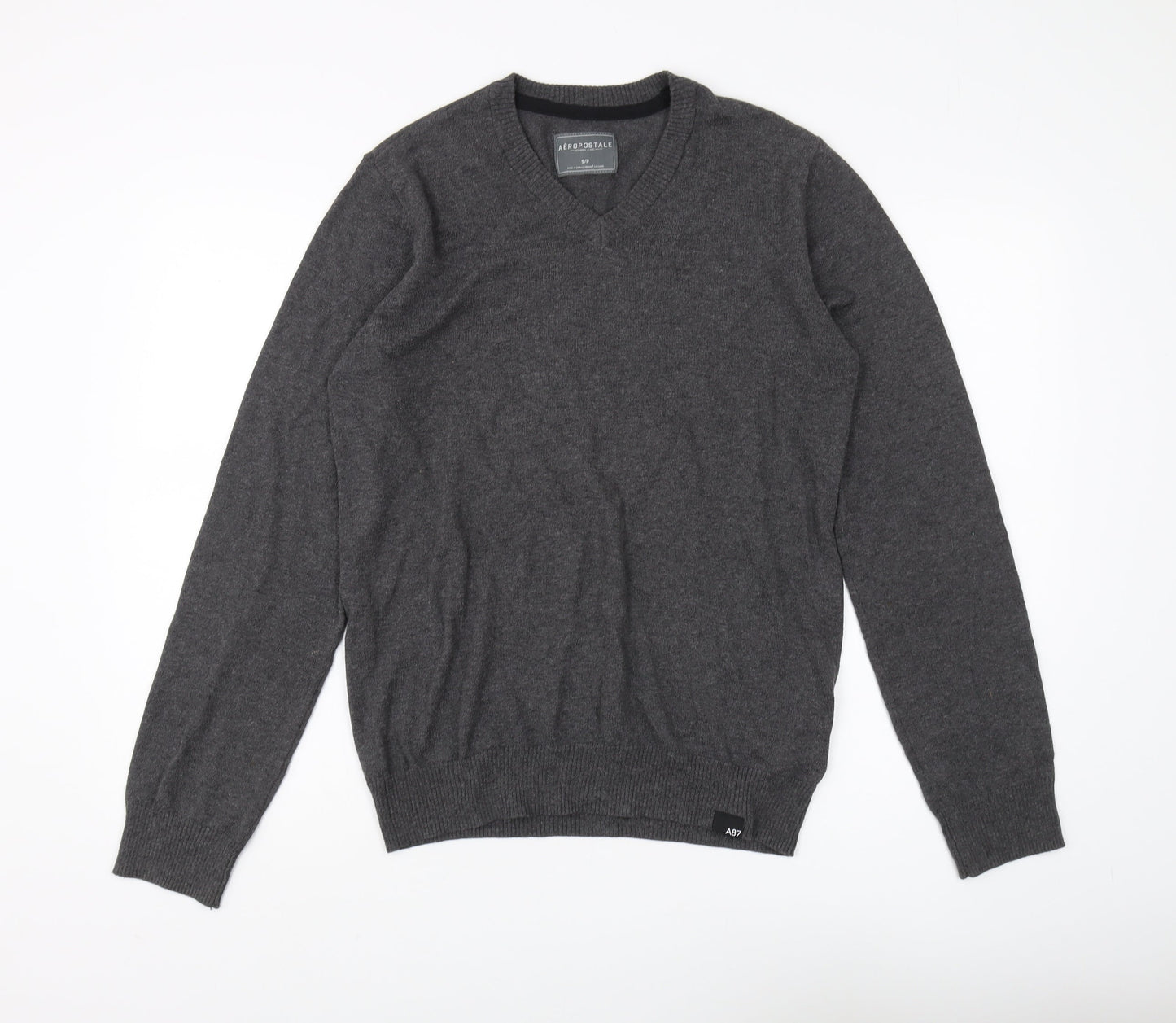 Aeropostale Men's Grey V-Neck Pullover Jumper S