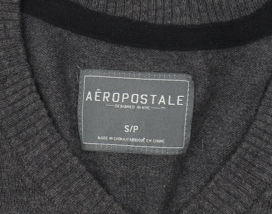 Aeropostale Men's Grey V-Neck Pullover Jumper S