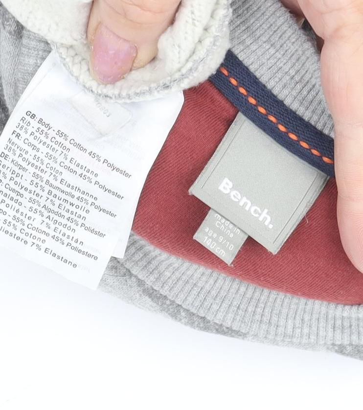 Close-up detail of Bench boys’ grey striped pullover sweatshirt 9-10 years