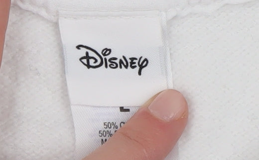 Brand and care label for Disney boys’ white large christmas pullover sweatshirt