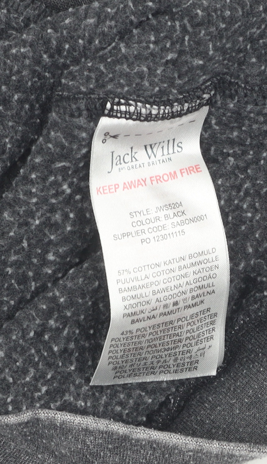 Brand and care label for Jack Wills girls’ black pullover sweatshirt 12-13y logo