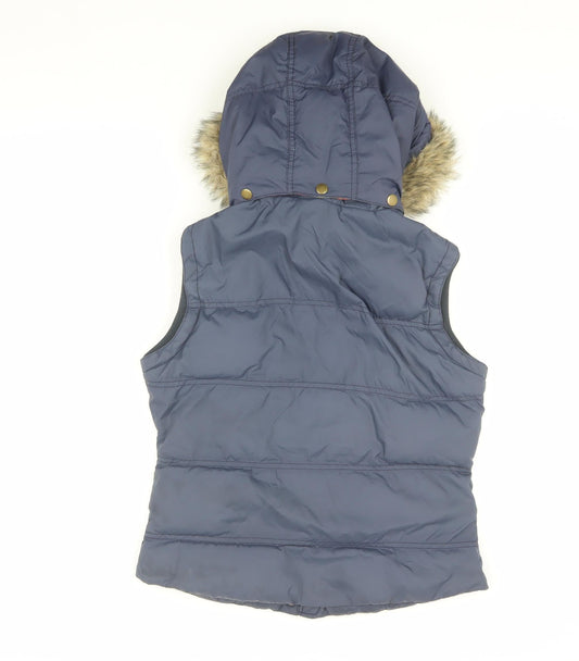 Jack Wills Women's Blue Puffer Waistcoat with Fur Trim, Size 10
