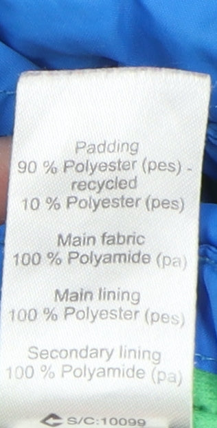 Brand and care label for Oxylane boys’ blue ski jacket 10 years, winter skiing hooded coat