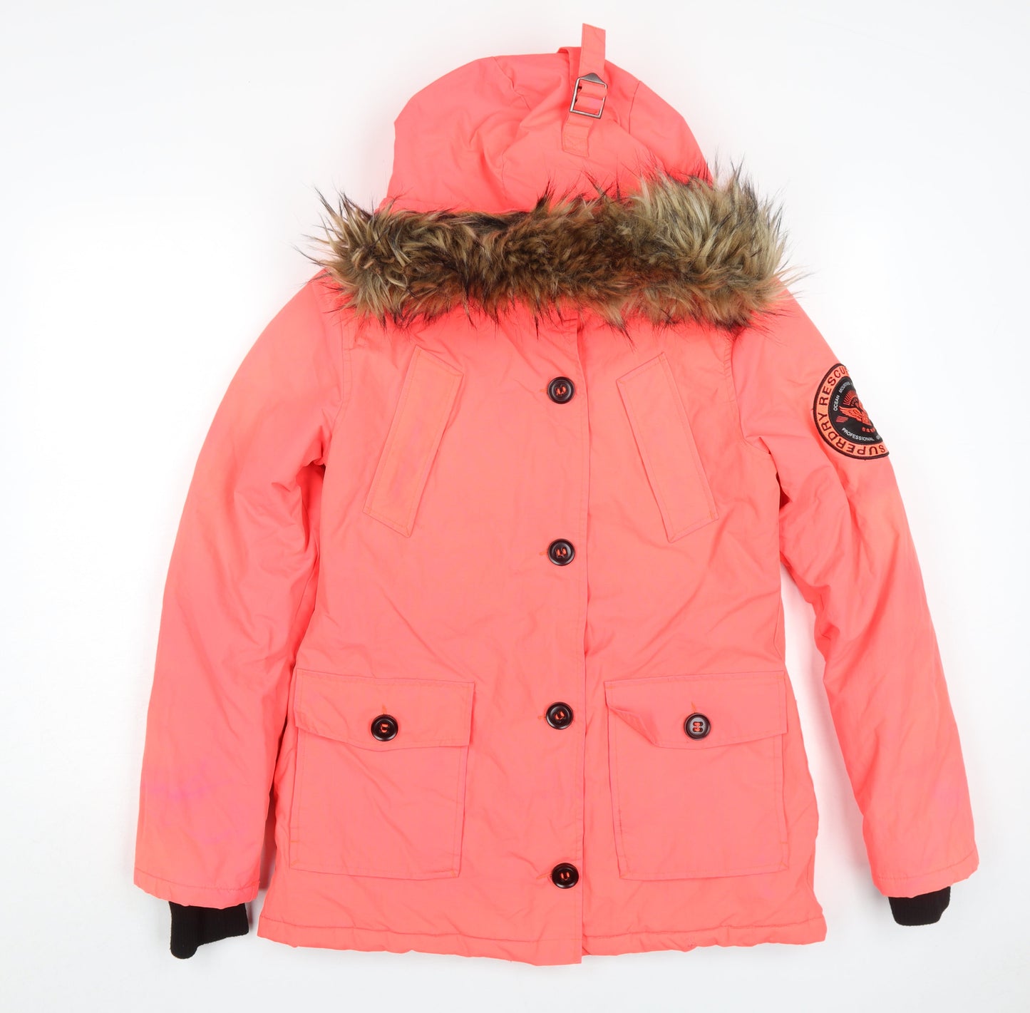 Superdry Women's Pink Parka Jacket - Size 10, Hooded, Faux Fur