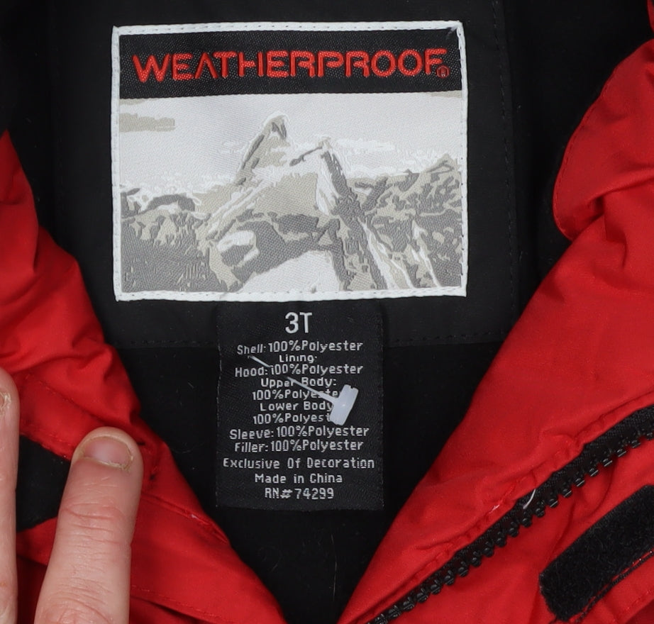 Close-up detail of Weatherproof boys’ red ski jacket 3 years hooded waterproof