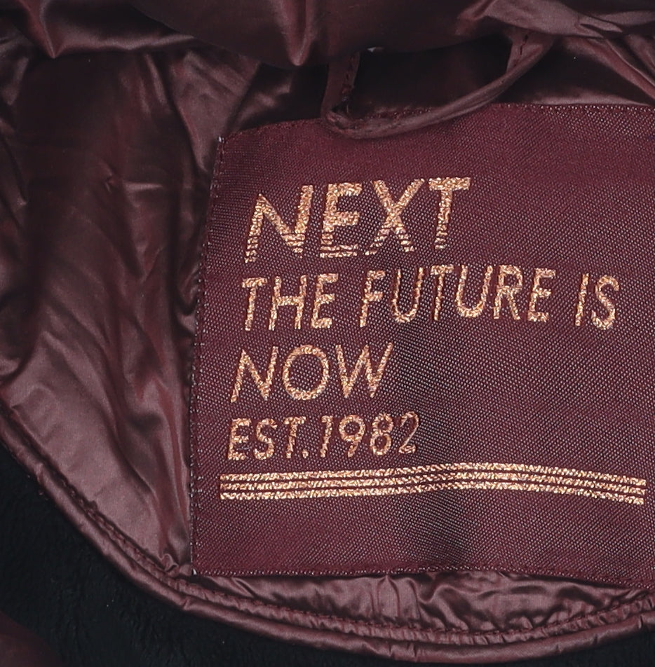 Brand and care label for Next girls’ burgundy puffer jacket 8y hooded winter coat