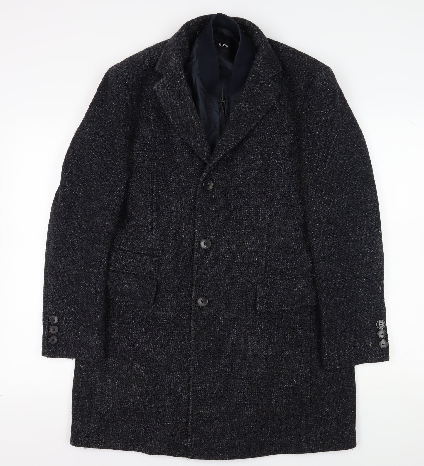 Hugo Boss Men's Black Tweed Wool Overcoat - Size M
