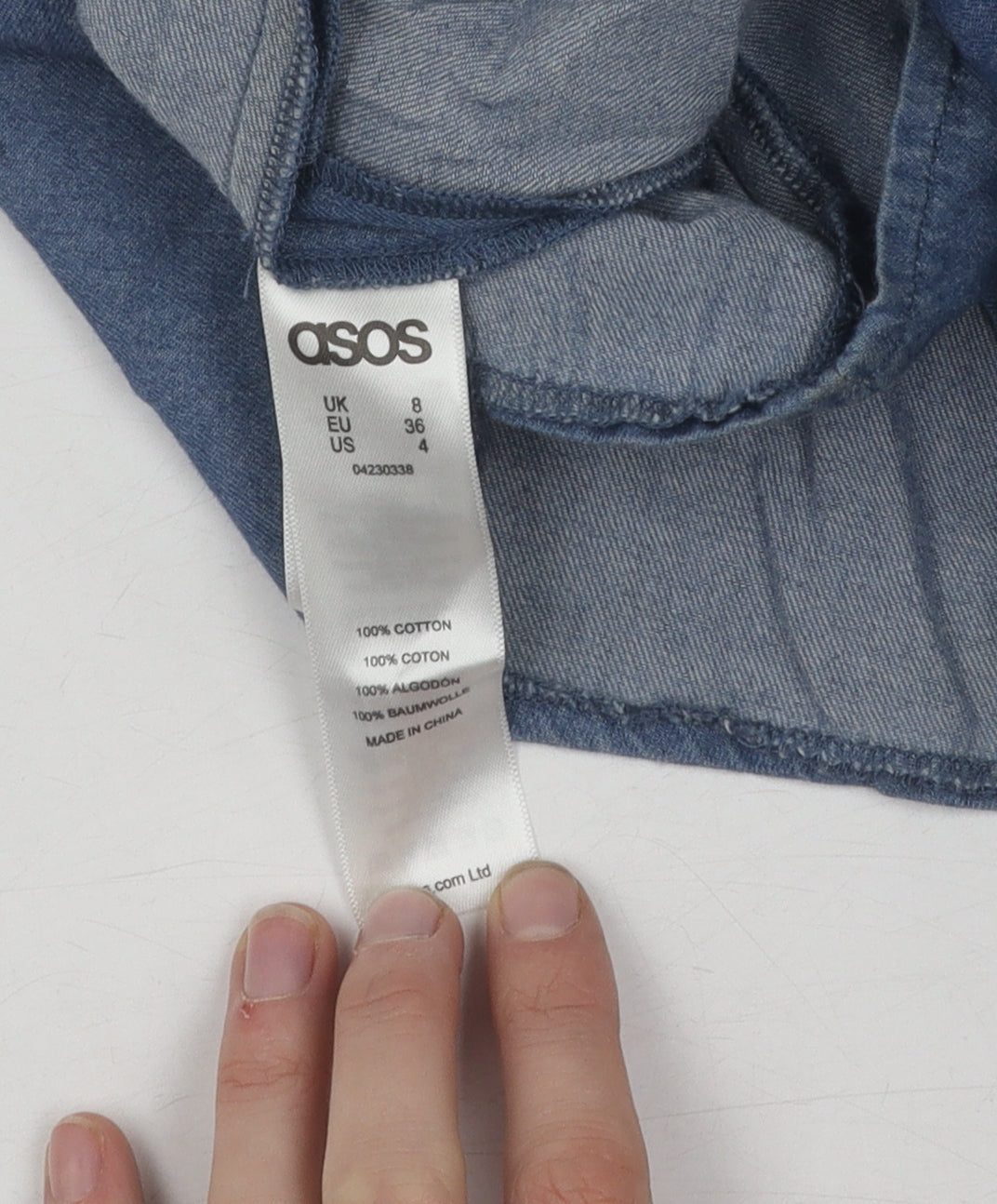 Brand and care label for ASOS Denim Pinafore Dress UK 8 Blue Casual