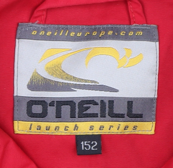 Brand and care label for O'Neill girls’ red ski jacket, age 12, hooded insulated