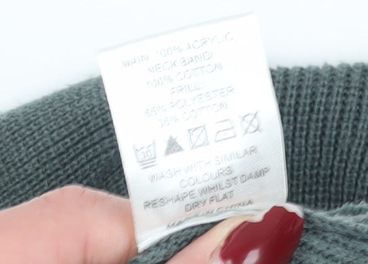 Brand and care label for ASOS Women's Green Cardigan, size 8, Button Accent