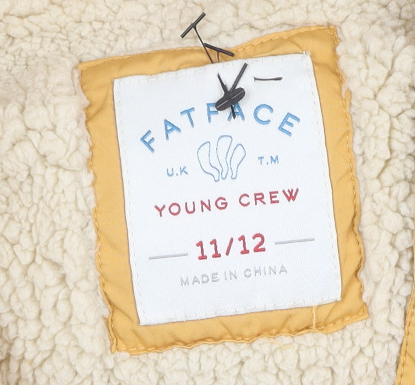 Brand and care label for FatFace girls’ yellow puffer jacket 11 years hooded faux fur