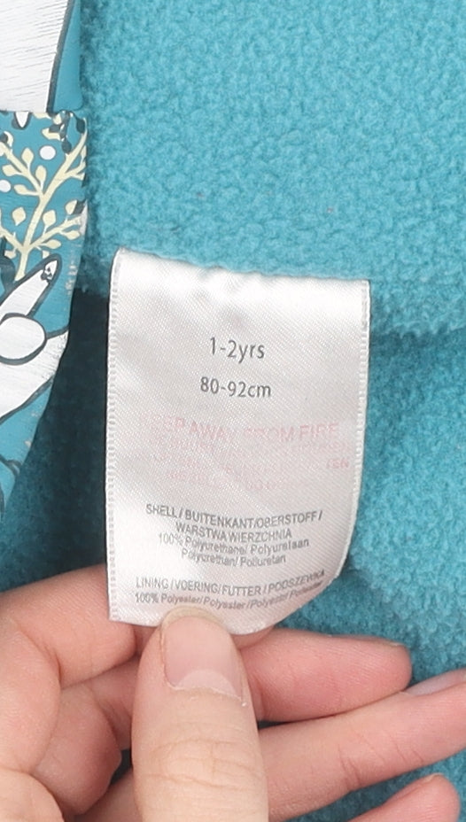 Brand and care label for Minoti girls’ blue animal print puffer jacket 1-2 years