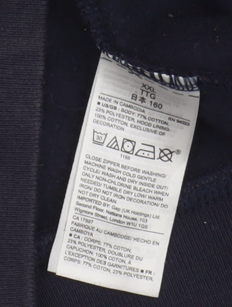 Brand and care label for Gap boys’ black full zip logo hoodie, 13 years, casual essential