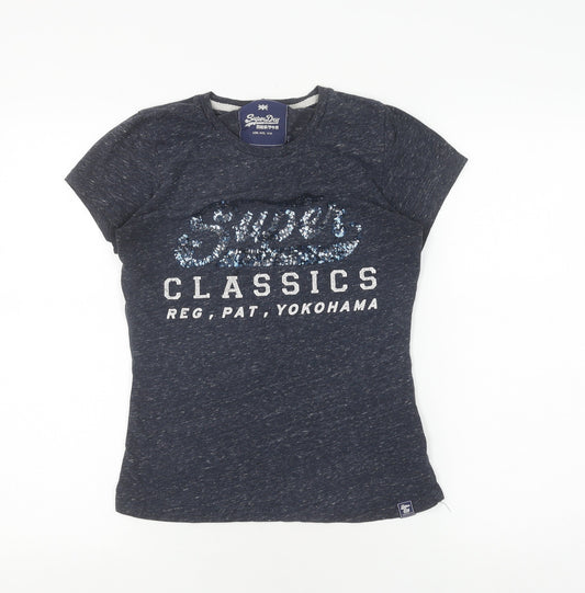 Superdry Women's Blue Sequin Tee, S, Casual, Cotton Blend