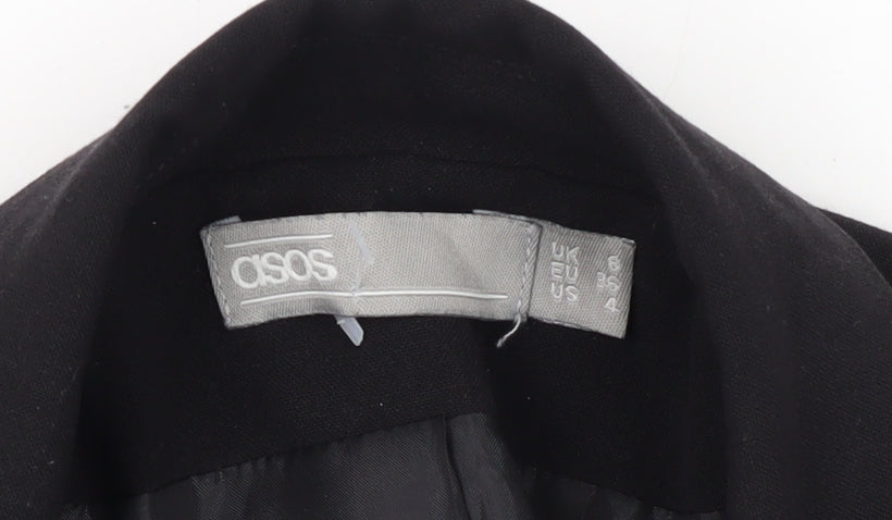 Brand and care label for ASOS Women's Black Long Overcoat, size 8