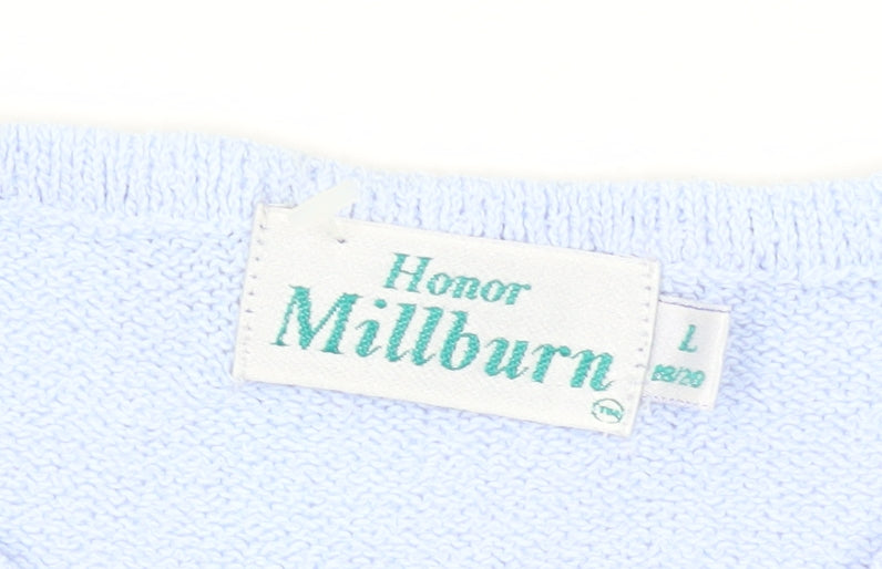 Brand and care label for Honor Millburn Women's Blue Floral Knit Pullover L