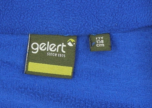 Brand and care label for Gelert boys’ blue 1/4 zip fleece sweatshirt 13-14 years