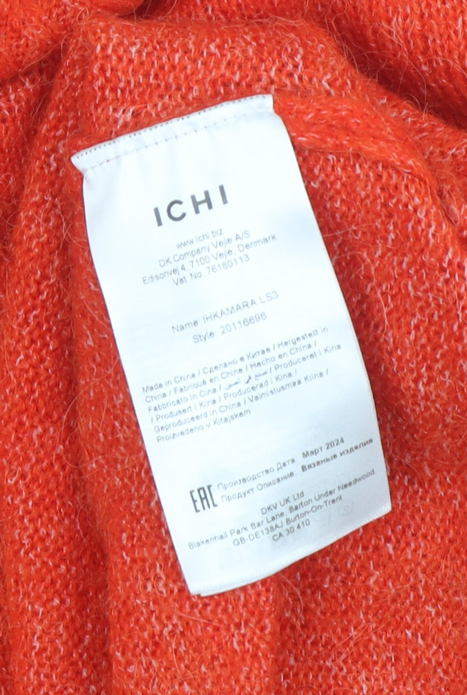 Brand and care label for ICHI Women's Orange Mock Neck Jumper, size S