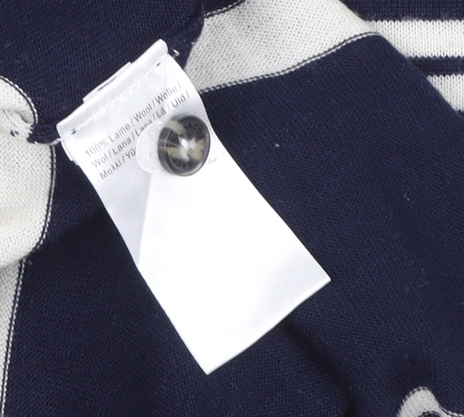 Brand and care label for Lacoste Women's Blue Striped Wool Jumper Dress, size 8