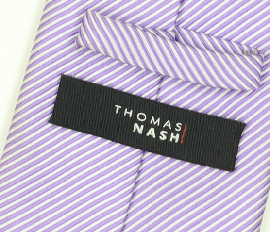 Brand and care label for Thomas Nash Men's Purple Striped Tie - One Size