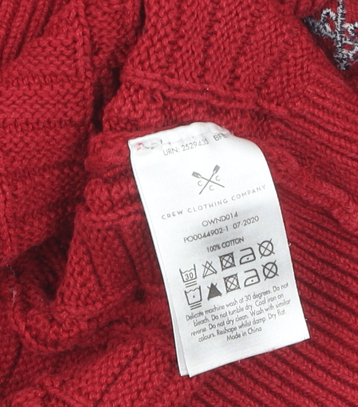 Brand and care label for Crew Clothing Women's Red Cable-Knit Boat Neck Jumper, size 12
