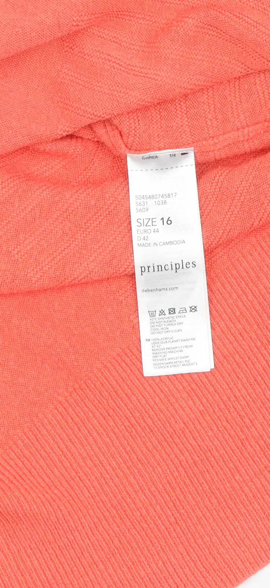 Brand and care label for Principles Women's Orange V-Neck jumper, size 16