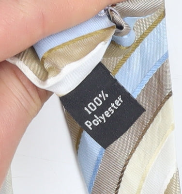 Brand and care label for Thomas Nash Men's Beige Blue Striped Slim Tie