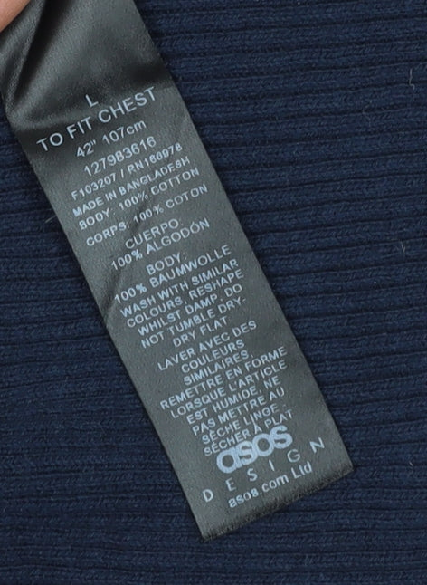Close-up detail of ASOS DESIGN Men's Blue Collared Knit Pullover, size L
