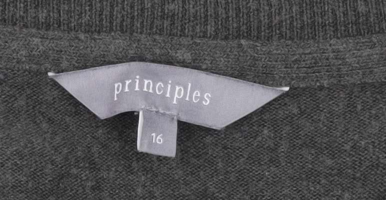 Brand and care label for Principles Women's Grey V-Neck Jumper, size 16