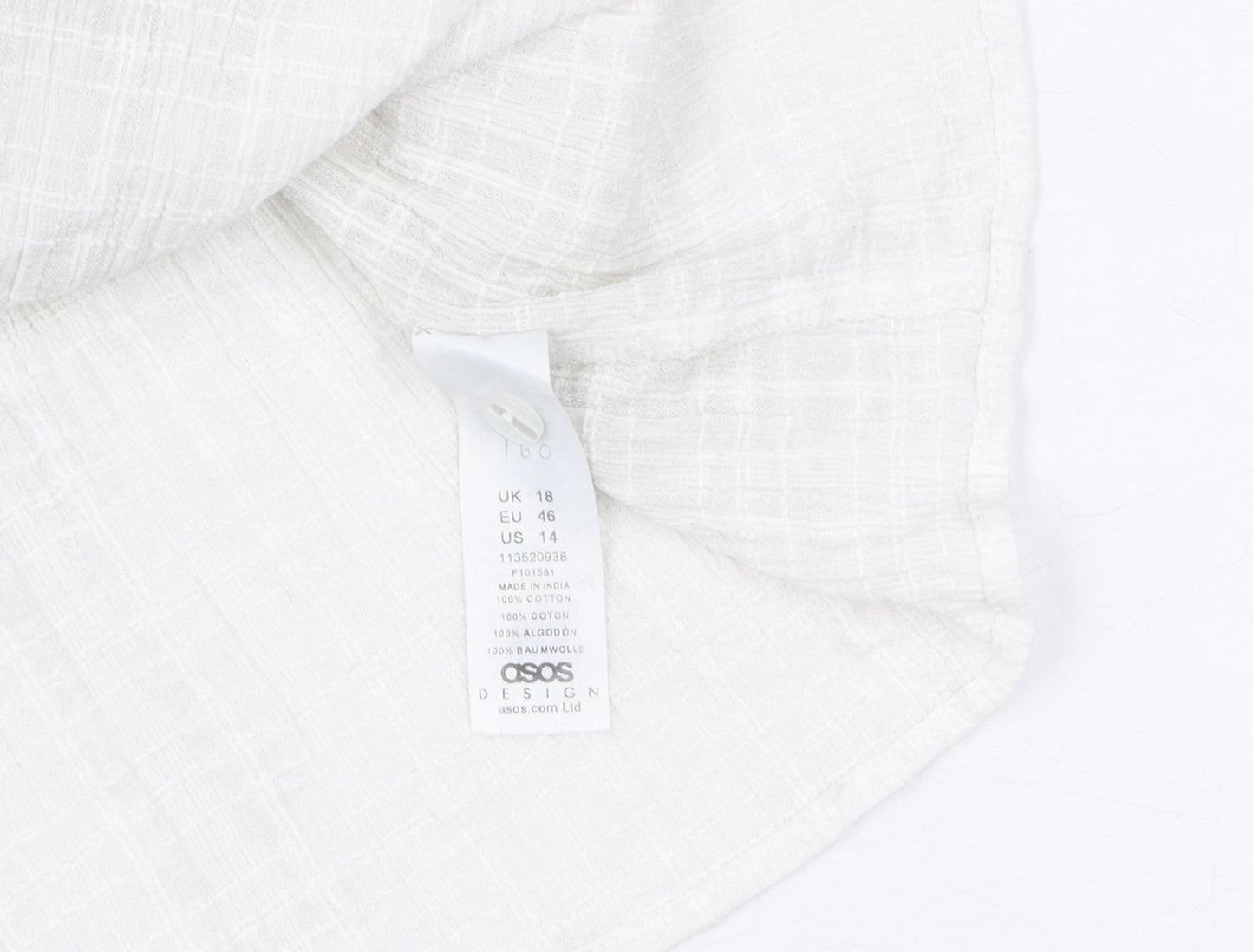 Brand and care label for ASOS DESIGN Women's White Cotton Blouse UK 18
